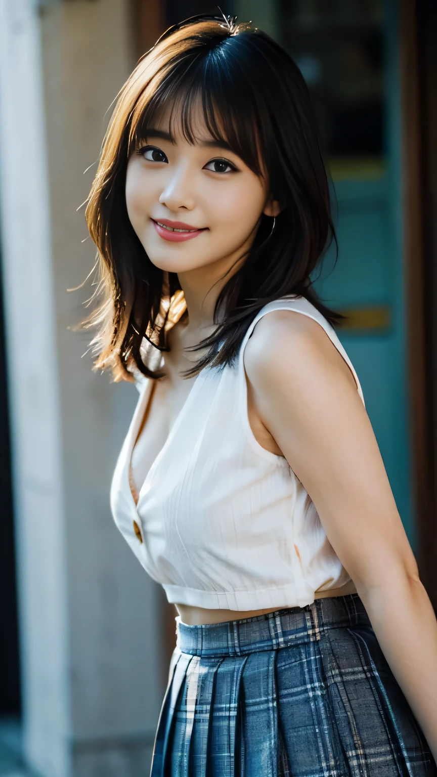 face and body facing towards the viewer、(navy plaid(pleated mini skirt))、Plump high school girl、(white sleeveless blouse)、Button dislodged、Cute 18 years old、((masterpiece、Highest image quality))、Ultra-fine illustration、1 girl、(Plump:1.0)、wavy hair、apricot colored hair、short bob hair、pin the bangs back、earrings、shiny skin、(Glitter pupil:1.2)、blue eyes、(make:1.0)、(lips:1.1)、cute smile、(body facing towards the viewer)、cleavage、Navel exposure、Stand up straight、Ahegao、