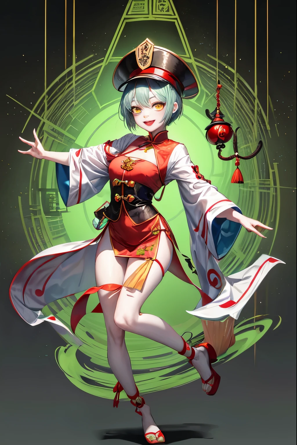 A jiangshi girl dances with a smile and a twist. She has green skin and yellow eyes. She wears a red and black qipao with a silver bell on her chest. She has short hair that covers one of her eyes. She is inside a white lighting box with a green background.((fullbody))