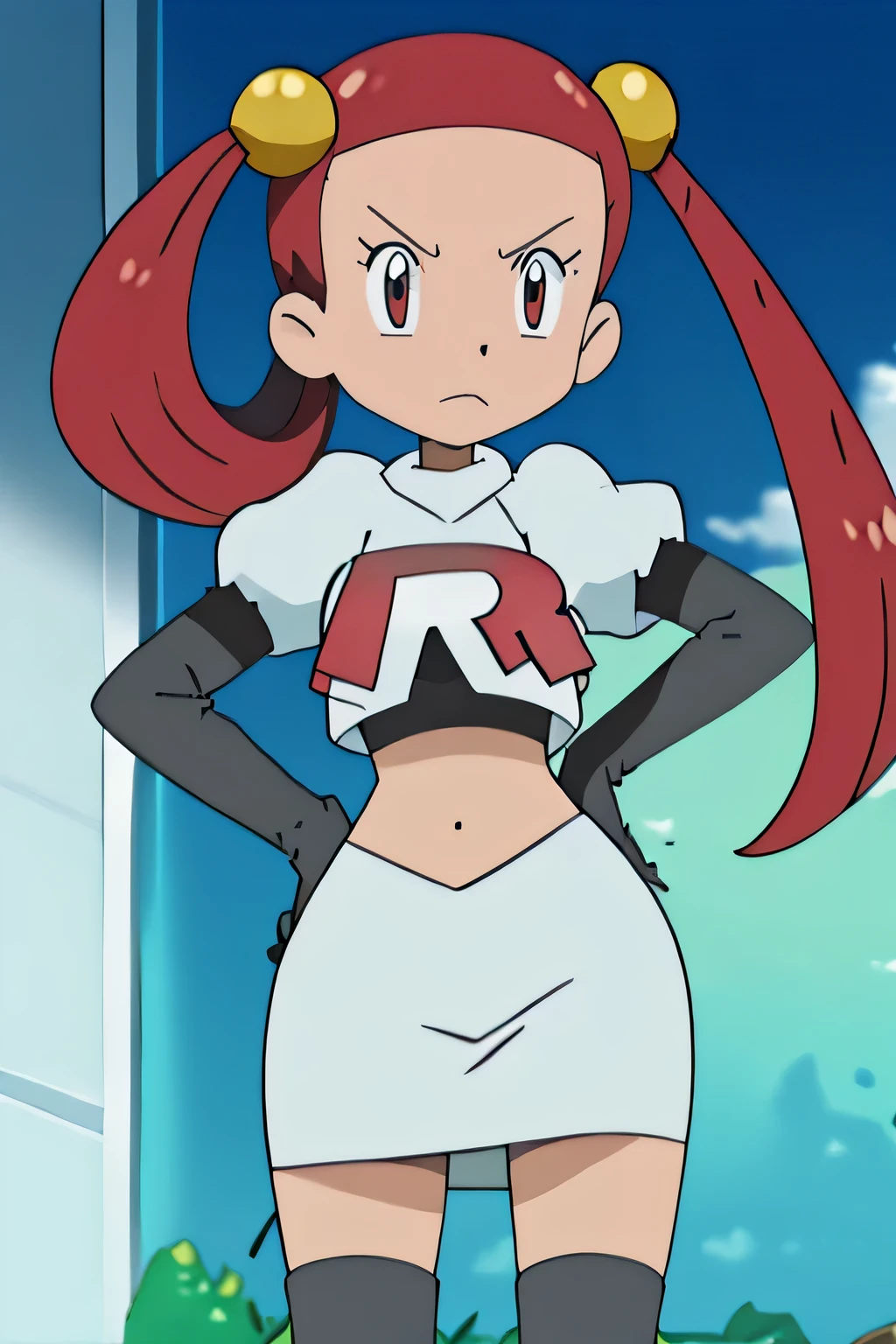 team rocket uniform, red letter r, white skirt,white crop top,black thigh-high boots, black elbow gloves, glaring angrily, looking at viewer, hands on hips, full body seen