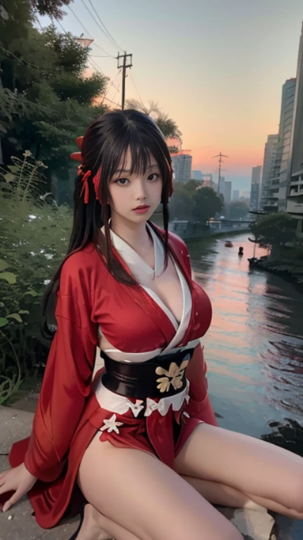 play sports often, 、(crimson red kimono:1.6)、 No panties, (Cyberpunk settings: 1.2), compensate,, (1 girl: 1.4), highest quality, masterpiece, (reality: 1.2), young woman, lady, detailed face, fine eyes, fine hair, fine skin, looking at the viewer, dramatic, vibrant, sharp focus, 50mm, f1.2, EOS R8, (3/4 body: 1.2), Overall image, (With the river in the background: 1.6), (highest qualityの詳細: 1.2), 8K HD,(huge breasts:1.8)、(Lie down and open your legs:1.3),