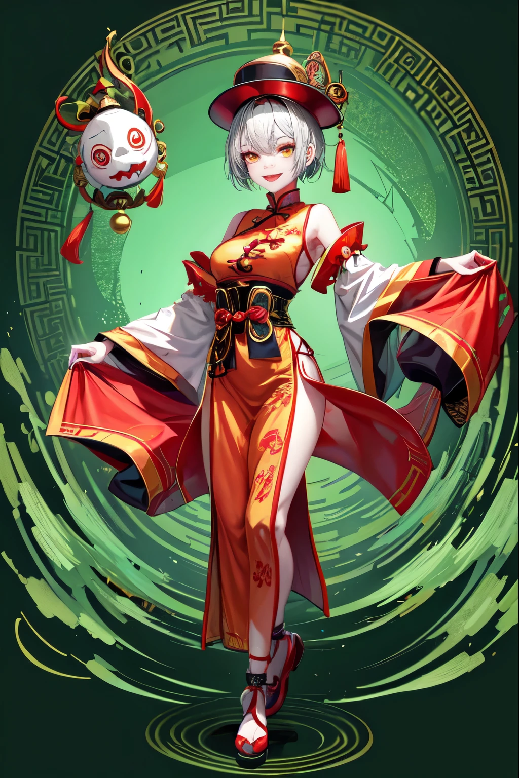A jiangshi girl dances with a smile and a twist. She has green skin and yellow eyes. She wears a red and black qipao with a silver bell on her chest. She has short hair that covers one of her eyes. She is inside a white lighting box with a green background.((fullbody))