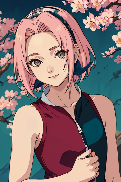 obra-prima， The best quality at best， 1 ， Sakura Haruno， seios grandes，Roupas fora do ombro，（decote)，（Close-up da parte superior do corpo)，Criado sexy，is shy，sorriso，com cabelo rosa， long whitish hair， （Globos oculares verdes:1.4)， Forehead Protection， As cerejeiras，flores de cerejeira voando，roupas vermelhas，half zipper