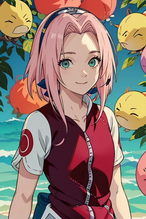 obra-prima, The best quality at best, 1 , Sakura Haruno, seios grandes,Roupas fora do ombro,(decote),(Close-up da parte superior do corpo),Criado sexy,is shy,sorriso,com cabelo rosa, long whitish hair, (Globos oculares verdes:1.4), Forehead Protection, As cerejeiras,flores de cerejeira voando,roupas vermelhas,half zipper