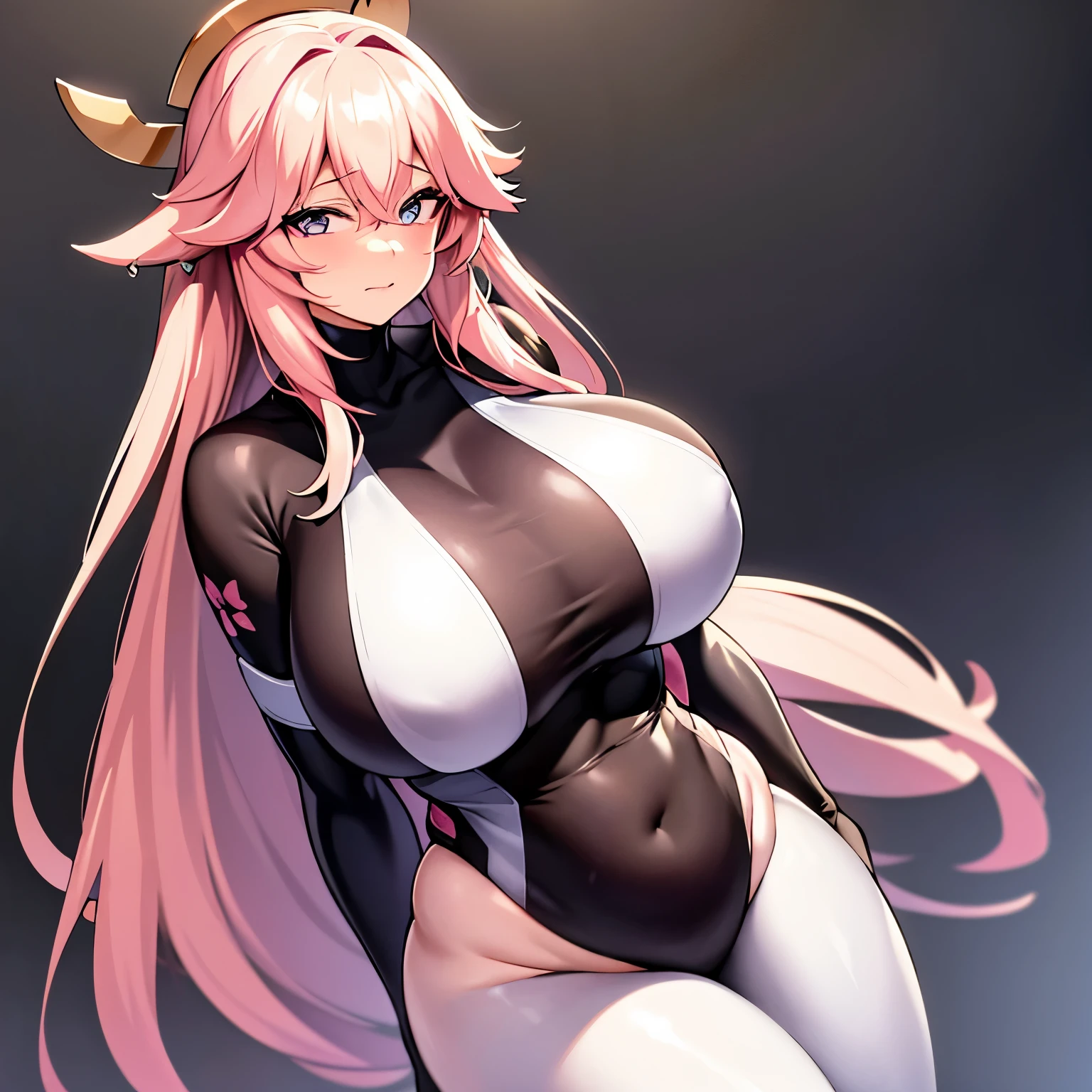 ((extreme detail)),(ultra-detailed), extremely detailed CG unity 8k wallpaper, best quality, Yae_Miko_Genshin_Impact, bodysuit, posing, cowboy shot, lens flare. Girl with thick fat chunky physique. Her height is around 5 feet 2 inches (157 cm), with a huge mommy body. Her skin tone is fair and smooth, giving her an older appearance. In terms of facial features, Hinata has a soft and gentle countenance. She has a slim nose, and her lips are naturally pink and slightly full. Her eyebrows are well-shaped and neatly arched, framing her eyes beautifully. Her are huge and well-shaped. they are massive and u can see a outline Overall, Hinata's appearance is characterized by her serene and kind expression, representing her gentle nature. A sexy g with huge and a thick body is wearing a body-tight suit where you can see all of her curves and nipple ouwhite hair. She is thick busty fat and hge her suit is very very tight and covers her whole body you can see all of her curves and body. Full body suit very tight you can see her full body