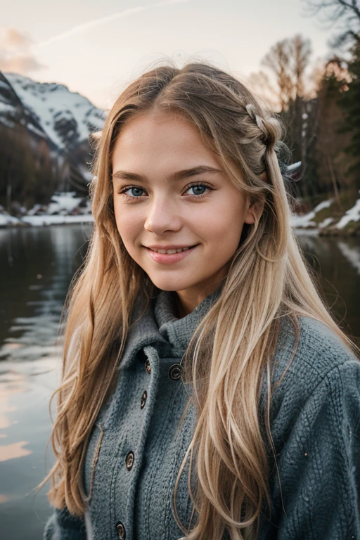 Professional portrait photography of a beautiful 10 year old Norwegian girl in winter clothes with long, welligen blonden Haaren, smiling, sensual seductive look, Sommersprosse, beautiful symmetrical face, cute natural makeup, Tragen Sie elegante warme Winterkleidung, stand outside in nature