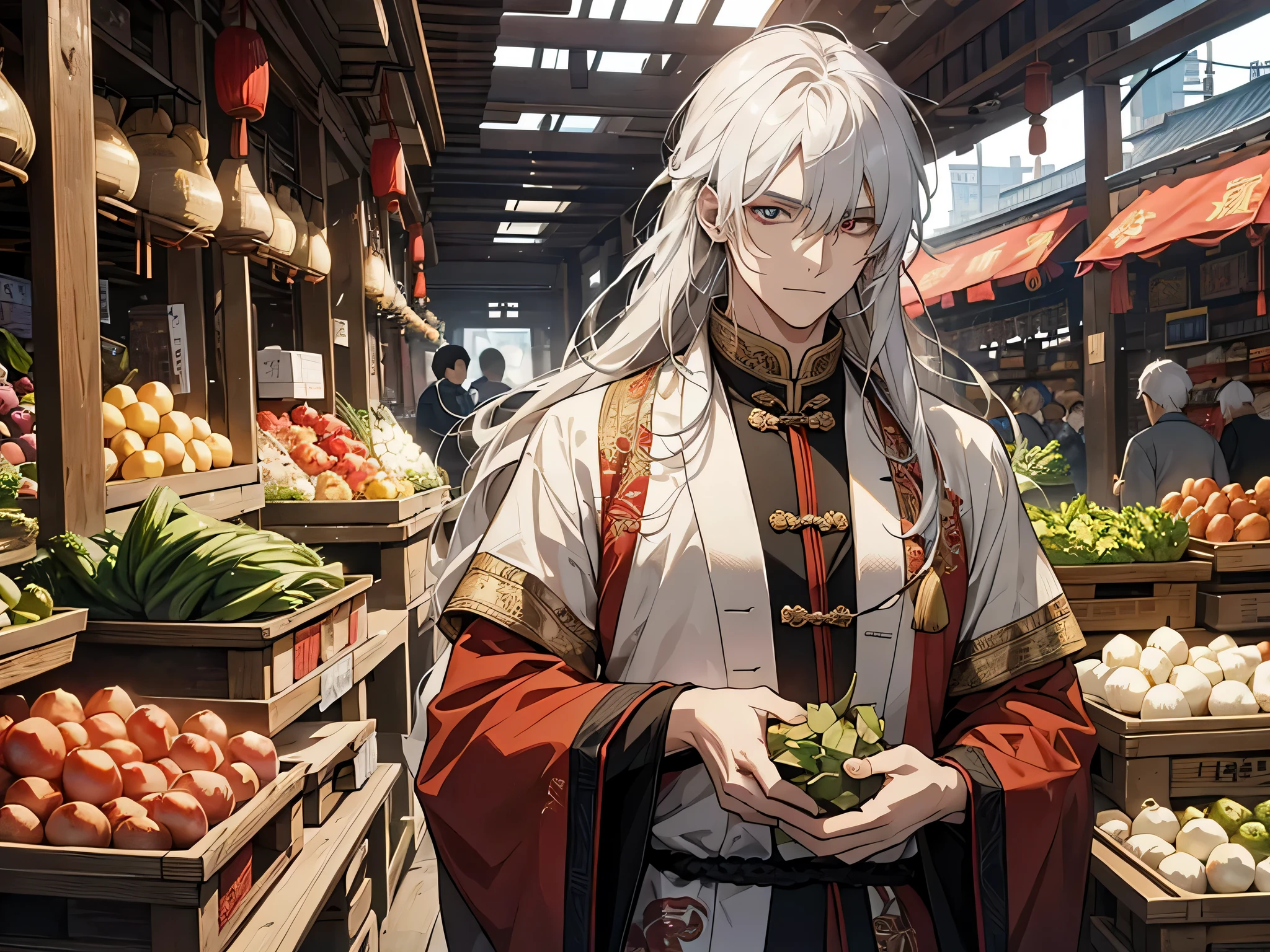 1 male, merchant, wearing Chinese commoner's outfit, selling vegetables in market, white hair, long hair, face to detail, detailed eyes, the background is chinese market