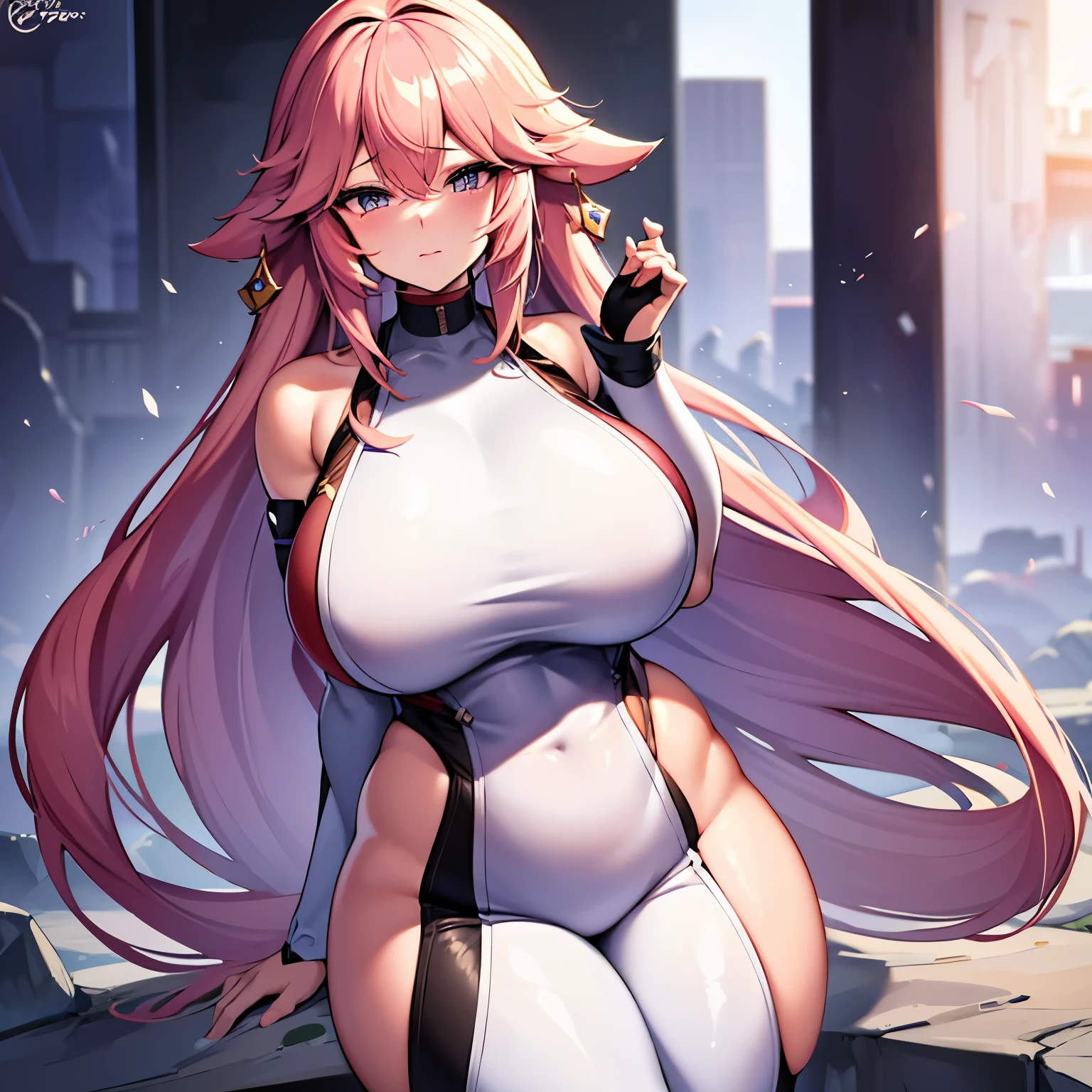 ((extreme detail)),(ultra-detailed), extremely detailed CG unity 8k wallpaper, best quality, Yae_Miko_Genshin_Impact, bodysuit, posing, cowboy shot, lens flare. Girl with thick fat chunky physique. Her height is around 5 feet 2 inches (157 cm), with a huge mommy body. Her skin tone is fair and smooth, giving her an older appearance. In terms of facial features, Hinata has a soft and gentle countenance. She has a slim nose, and her lips are naturally pink and slightly full. Her eyebrows are well-shaped and neatly arched, framing her eyes beautifully. Her are huge and well-shaped. they are massive and u can see a outline Overall, Hinata's appearance is characterized by her serene and kind expression, representing her gentle nature. A sexy g with huge and a thick body is wearing a body-tight suit where you can see all of her curves and nipple ouwhite hair. She is thick busty fat and hge her suit is very very tight and covers her whole body you can see all of her curves and body. Full body suit very tight you can see her full body