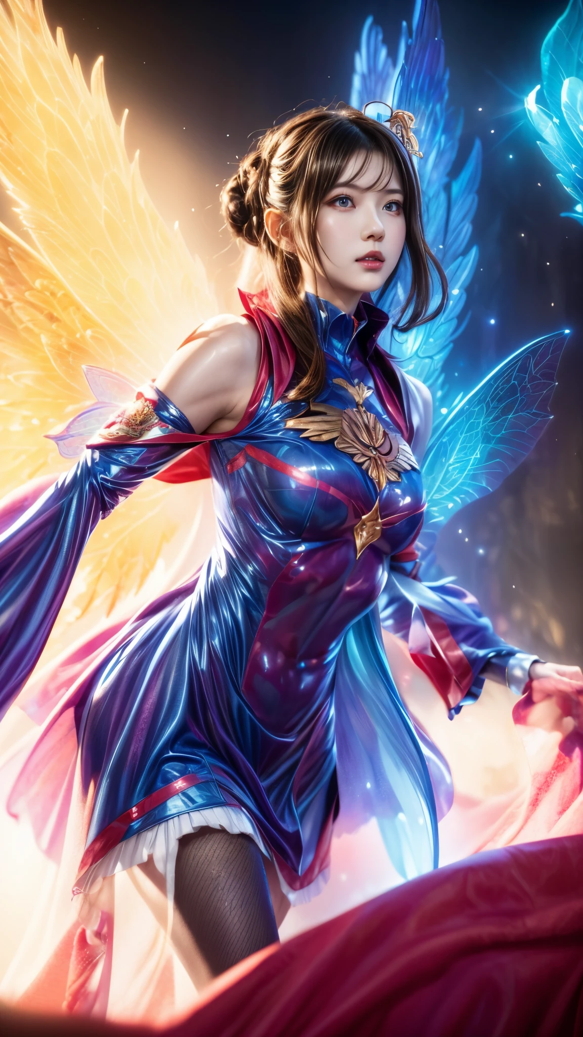 a woman with a blue dress and wings is standing in front of a red background, extremely detailed artgerm, style of artgerm, artgerm detailed, style artgerm, artgerm style, ! dream artgerm, in style of artgerm, ig model | artgerm, astral fairy, as seen on artgerm