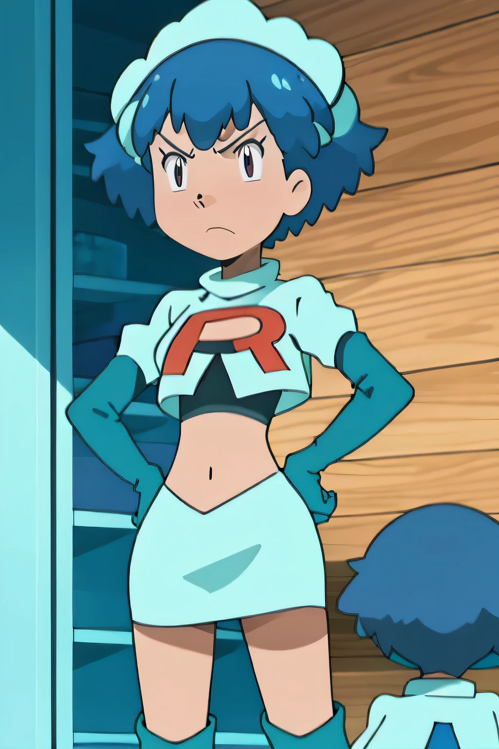 team rocket uniform, red letter r, white skirt,white crop top,black thigh-high boots, black elbow gloves, glaring angrily, looking at viewer, hands on hips, full body seen