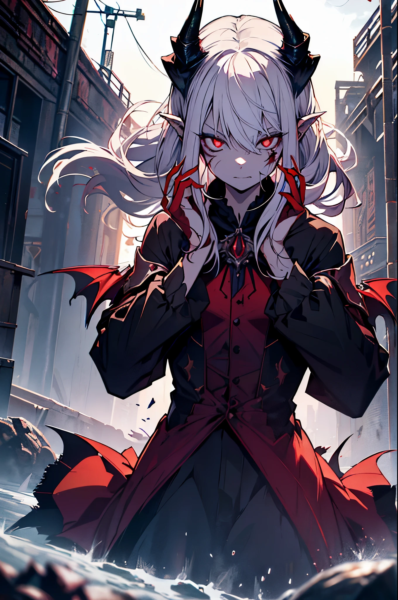 With white hair,grotesque as a beast,A cynical expression,side face,floating hair,light particles,glare,vivid,fancy,dreamlike,a dim atomshpere, ((Vampire Girl)) ((Vampire Princess)) ((Dark Fantasy)) ((Red-Eyes)) ((-like)) ((corrupted)) ((ugly)) ((scarred face)) ((horns)) (9cosmic horror))