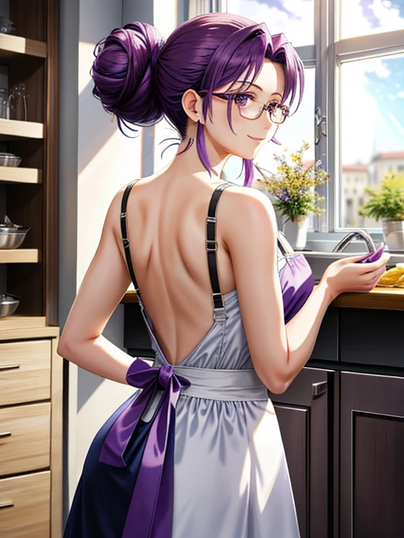 masterpiece, highest quality, saeko busujima face, purple hair, ponytail, liptint, shy, nice tits, nice body, athletic back , plump ass, from behind, looking back, toned, ass open, sexy apron, luxury kitchen