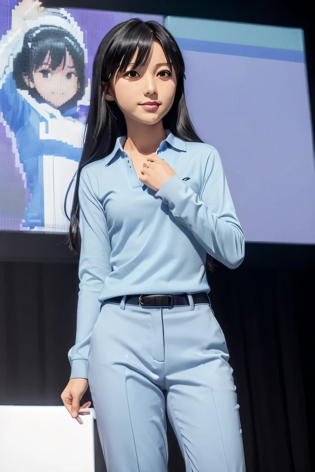 (((pixel perfect, Perfection with attention to detail))), Big eyes, alone, 1 girl, Chihaya Kisaragi, (black hair), Idol, stage, looking at the viewer, smile, break (flat chest:1.5), (light blue long sleeve polo shirt, Dark blue slacks)
