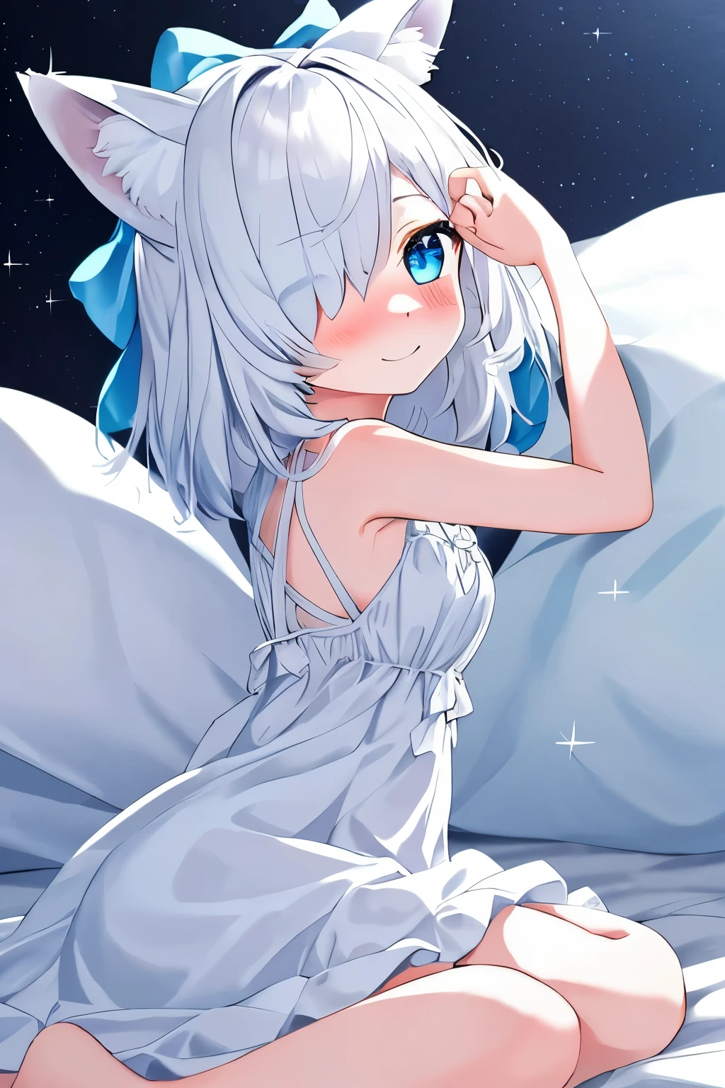 1girl, fox ears, blue eyes, white hair, hair over one eye, from side, pov, sitting, bed sheet, light, nose blush, light smile, white dress, blue bow, sparkle,