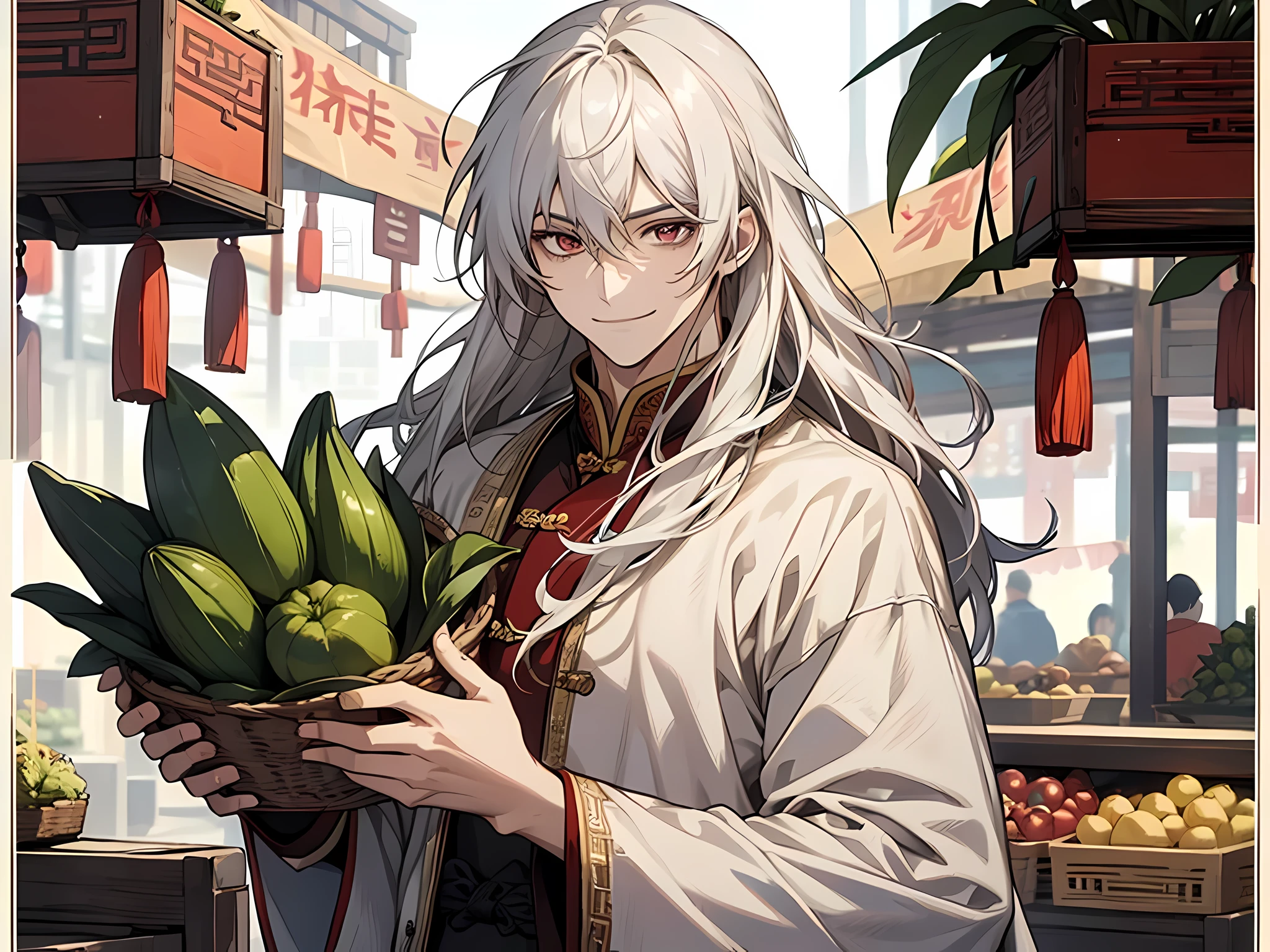 1 male, merchant, wearing Chinese commoner's outfit, selling vegetables in market, smiling, white hair, long hair, face to detail, detailed eyes, the background is chinese market