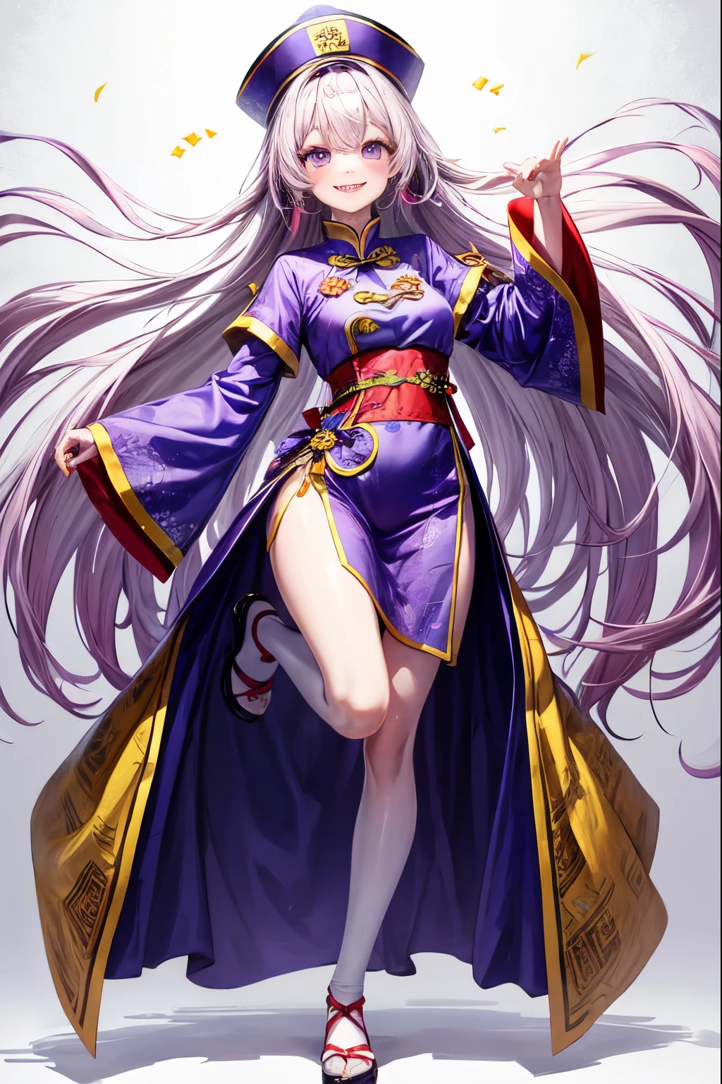 A jiangshi girl dances with a smile and a spin. She has pink skin and purple eyes. She wears a purple and white qipao with a flower on her hair. She has long hair that swirls around her. She is inside a white lighting box with a purple background.((fullbody))