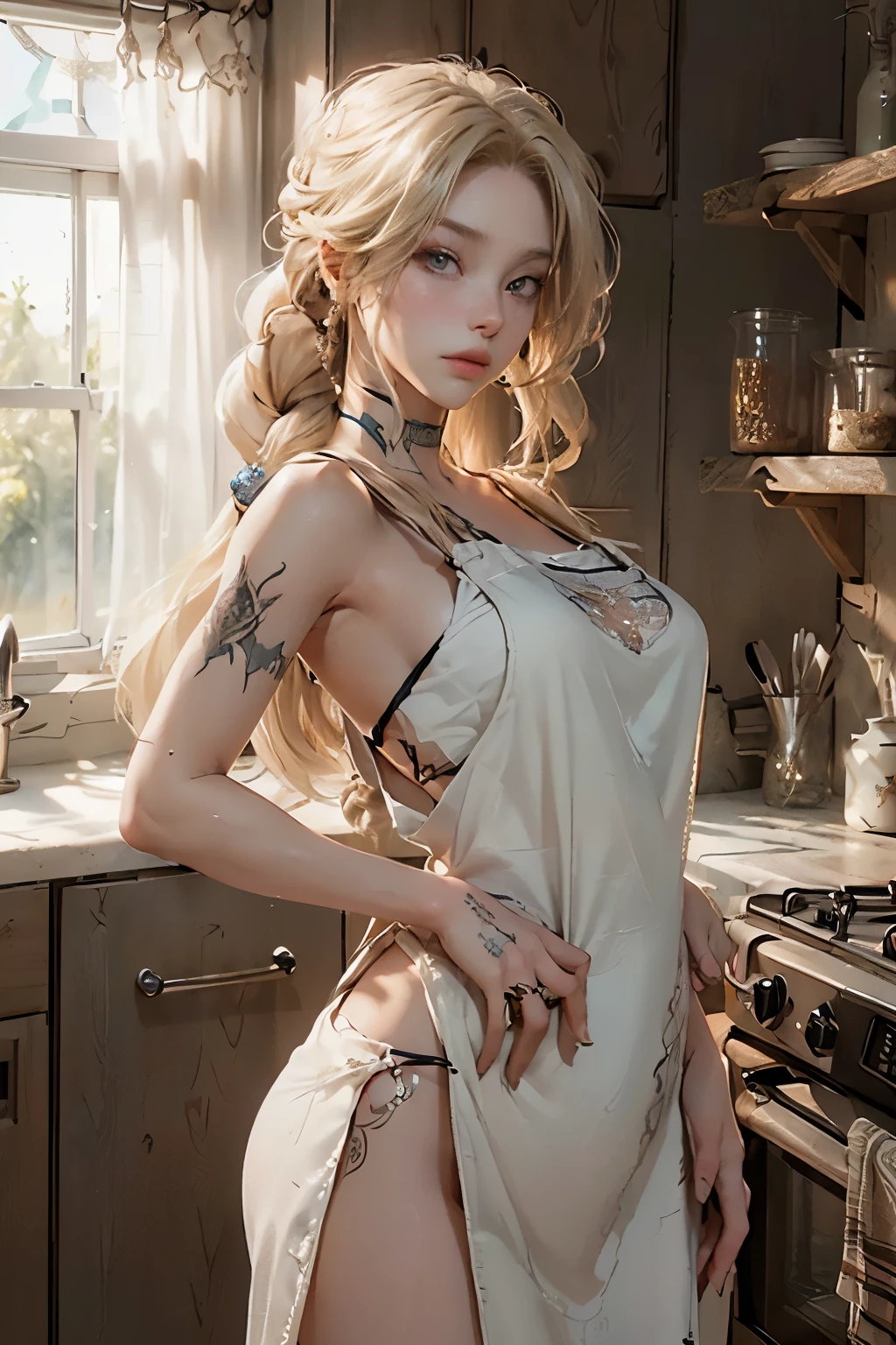 Super detailed drawing image, a woman, (standing and spread legs, rubbing her pubic hair against the kitchen counter corner for masturbation), various patterned unbuttoned casual-dress, round face, eyes with realistic sizing, drooping eyes, light-makeup, tiny earrings, blond, braid, 