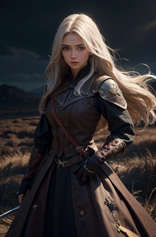 (front focus),(in the dark:1.6), Hyperrealist portrait of female 19th country dress ,fantasy art, photo realistic, dynamic lighting, artstation, poster, volumetric lighting, very detailed faces, 4 k, award winning,, 1girl, in the dark, deep shadow, low key,cowboy shot,(official clothing:1.4) ,long hair,white hair, hold sword in hand,  sword