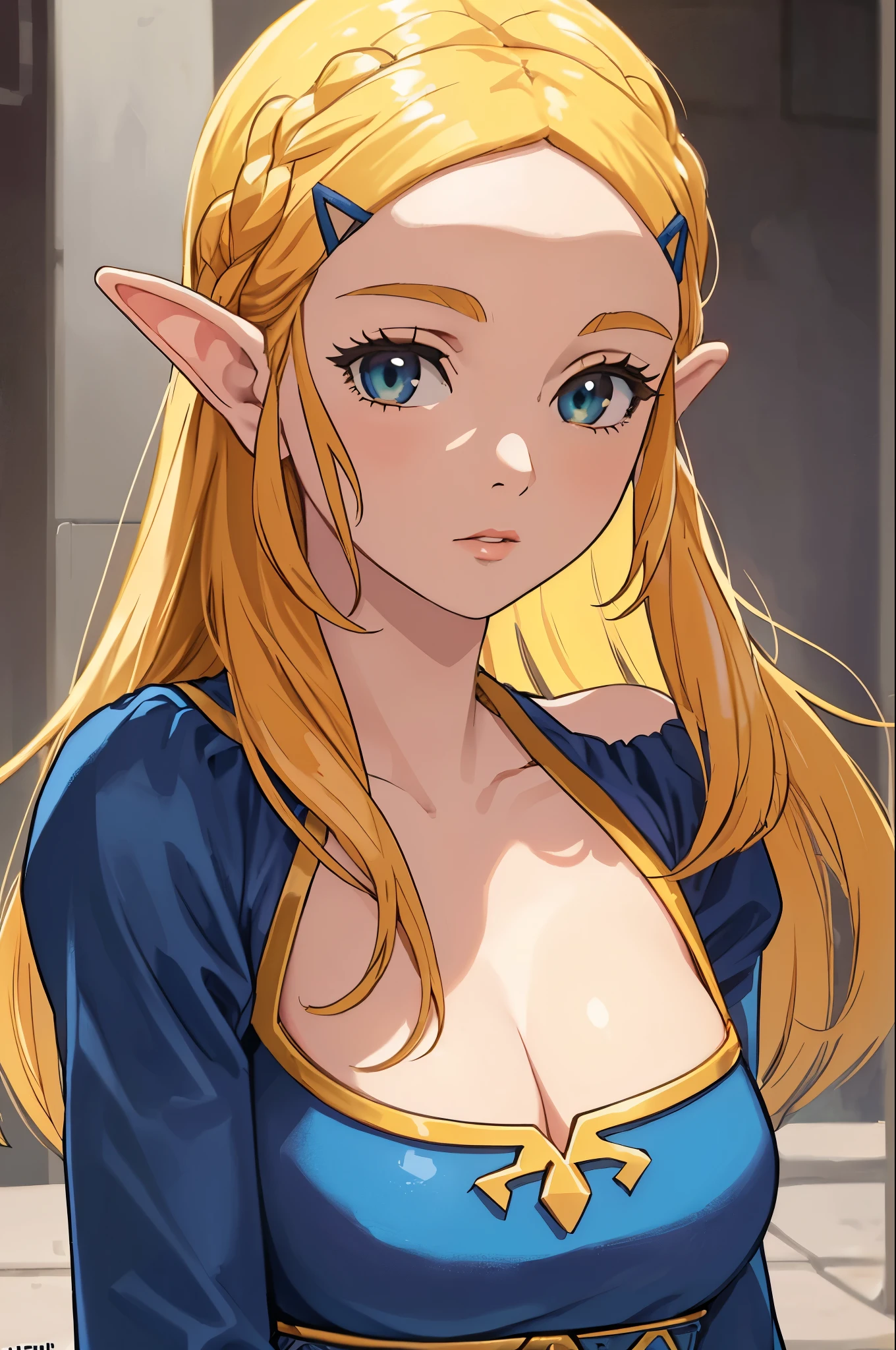 The Legend of Zelda Costume，cleavage，Off the shoulder dress，blond，Upper body close-up
(best quality, masterpiece, original photo,Super detailed:1.2), 1 girl,alone,looking at the audience,  