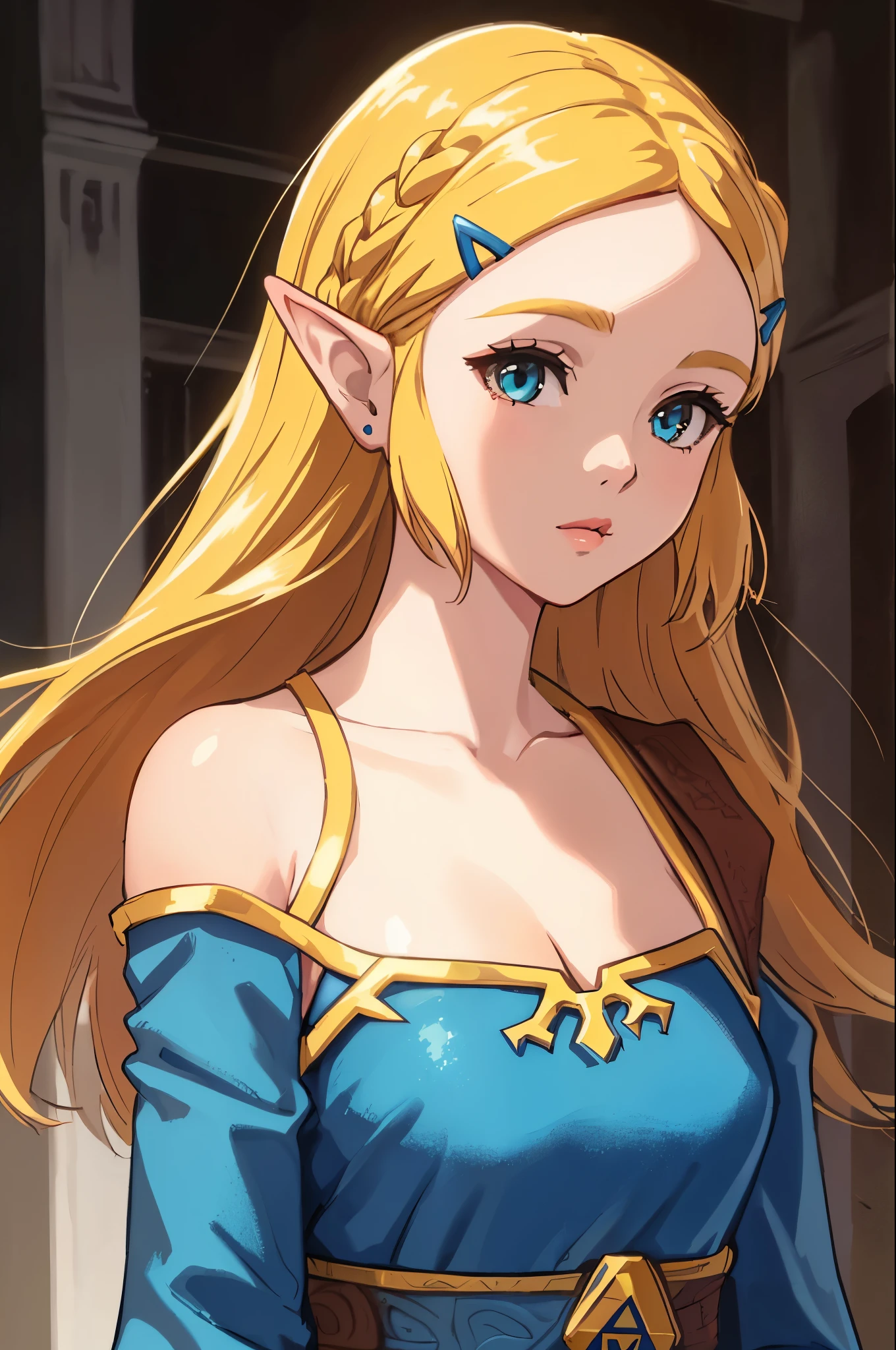 The Legend of Zelda Costume，cleavage，Off the shoulder dress，blond，Upper body close-up
(best quality, masterpiece, original photo,Super detailed:1.2), 1 girl,alone,looking at the audience,  