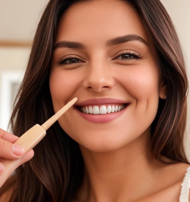 • Close-up photograph showing the softness of the brush bristles and a radiant smile in the background.