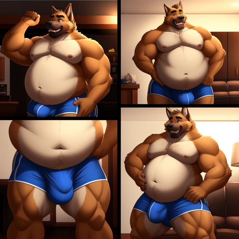 Male, solo, anthro, German Shepard, older male, confused expression, perplexed expression, brown fur, living room, (tight gym shorts), before and after picture, progression, weight gain sequence, getting fatter, transformation, fit to fat, expansion, weight difference, detailed lighting, brown chest tuft, ruffled fur, musclegut, belly, focus on belly, belly grab, (overweight:1.6), weight gain, muscular arms attractive, (detailed bulge, detailed genitals), (bare chest), (detailed genital outline), (tenting (shorts)), (outstretched (shorts)), snout, long snout, teeth, perfect eyes, mature male, father figure, dilf, daddy, fangs, wide waist, broad shoulders, strong thighs, white teeth, detailed hands, massive bulge, bulge, detailed crotch, (detailed bulge outline), dramatic lighting, standing, (detailed erection under clothing (shorts)) ripped shorts 