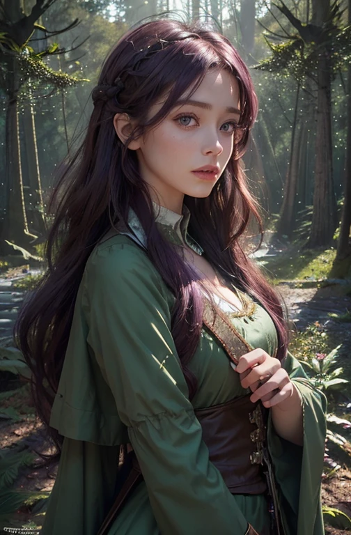 (front focus),(in the forest :1.6), Hyperrealist portrait of female 19th country dress ,fantasy art, photo realistic, dynamic lighting, artstation, poster, volumetric lighting, very detailed faces, 4 k, award winning,, 1girl, deep shadow, princess(official clothing:1.4) ,very long hair, purple hair, hold sword in hand, sword