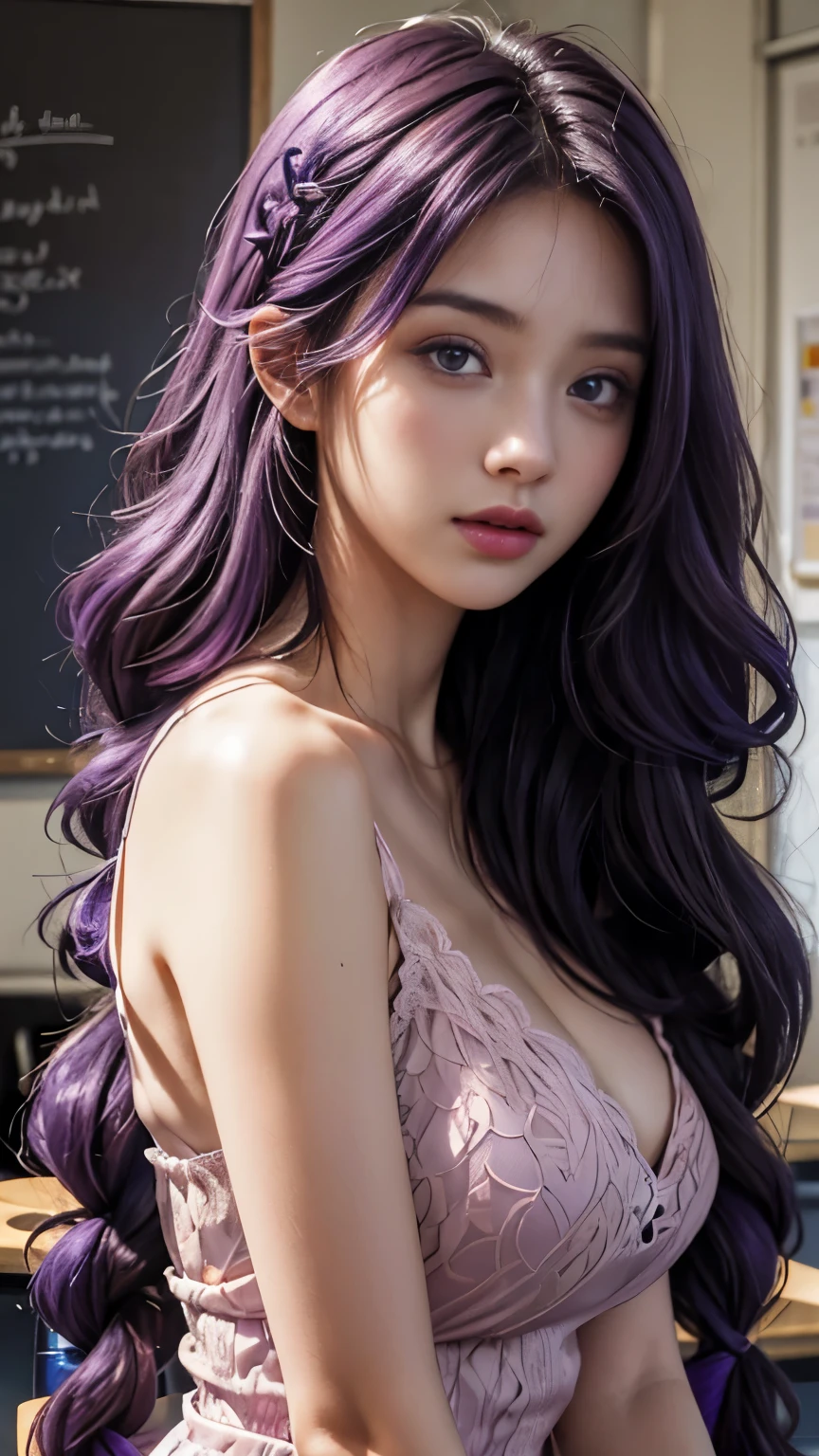 ((1girl in))、((best quality))、(Super detailed)、(Extremely detailed CG unified 8k wallpaper)、Highly detailed、HD original color photos、Professional photography、purple hair、Purple hair big breasts，thick braid，long hair，headgear，Stunning face and eyes、purple eyes，（very pretty girl），School，classroom，Off the shoulders，