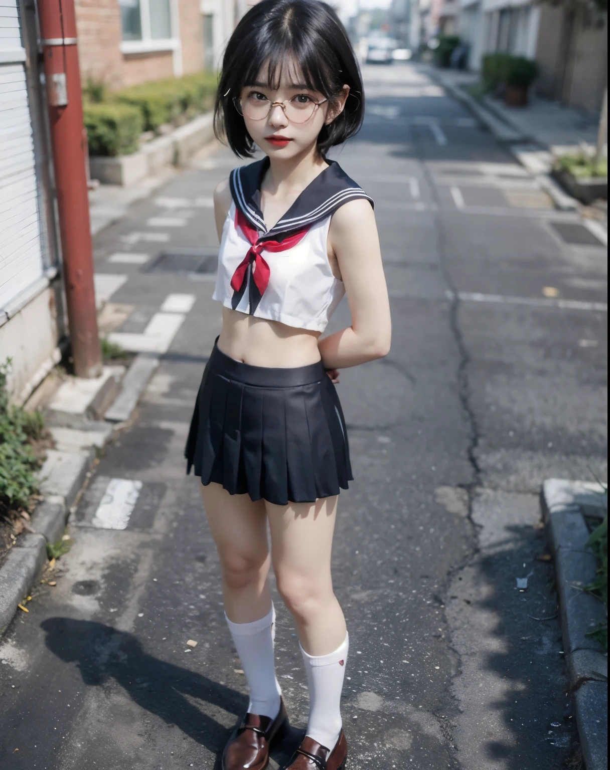 Top quality, one beautiful woman, 25 years old, (short hair, forehead), (straight hair:1.5), (black hair:1.5), (dark eyes:1.3), (glasses), slendar body, black hair, pale skin, (medium chest:1.4)