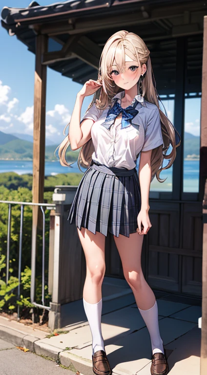 (masterpiece:1.2, top-quality), (realistic, photorealistic:1.4), beautiful illustration,
looking at viewer, full body, front view:0.6,
1 girl, japanese, high school girl, (long hair:1.5), blown hair, (half up, half updo), bangs, hair between eye, large breasts:0.8,
beautiful hair, beautiful face, beautiful detailed eyes, beautiful clavicle, beautiful body, beautiful chest, beautiful thigh, beautiful legs, beautiful fingers,
(beautiful scenery), , school,
((collared short sleeve shirt, white shirt, school uniform, grey plaid pleated skirt, blue plaid bow tie)), white panties,
(standing, , lift up skirt, grab the hem of the skirt, hands on chest, hand between legs),
blush, ,