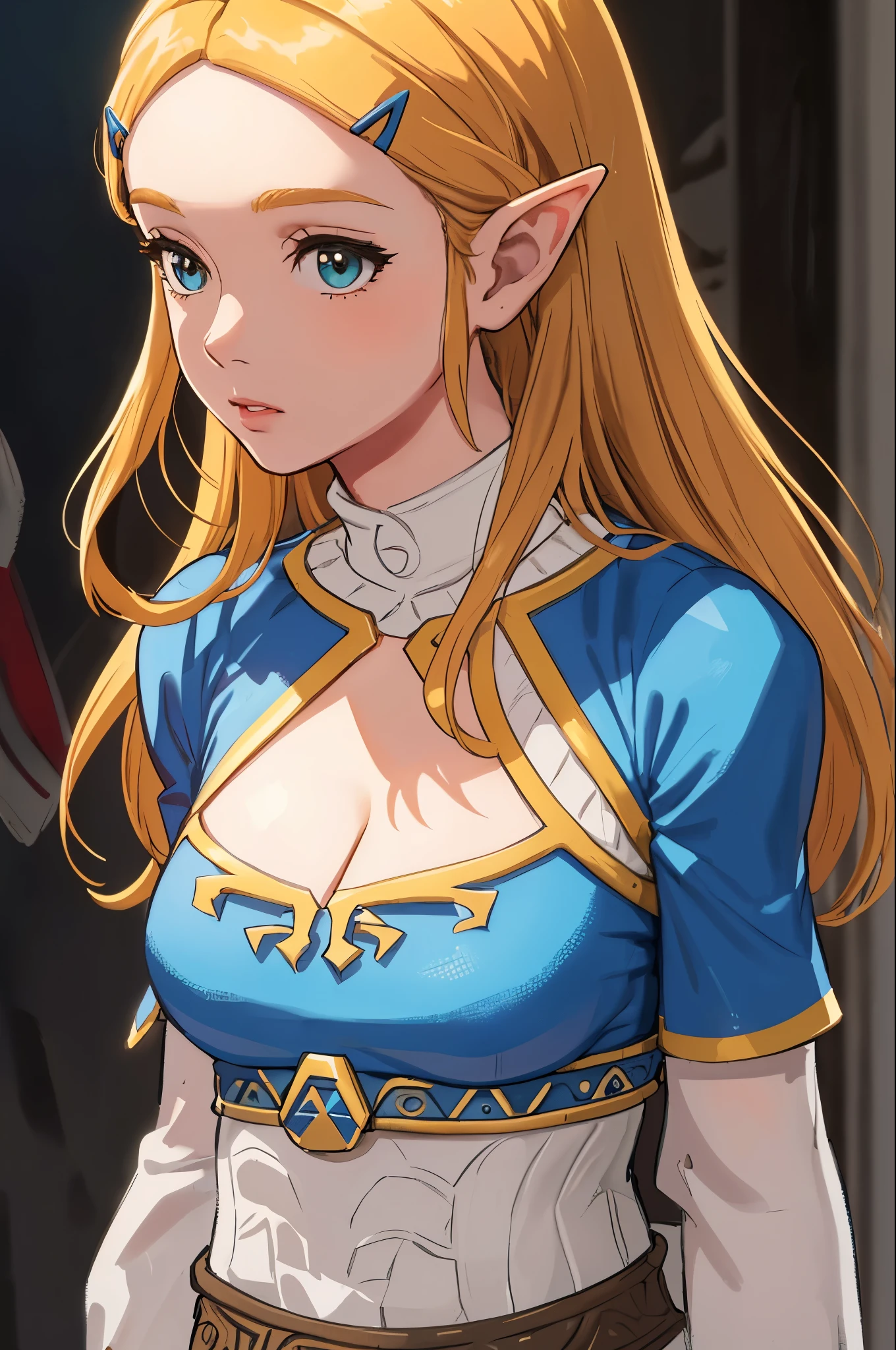 The Legend of Zelda Costume，cleavage，Off the shoulder dress，blond，Upper body close-up
(best quality, masterpiece, original photo,Super detailed:1.2), 1 girl,alone,looking at the audience,  