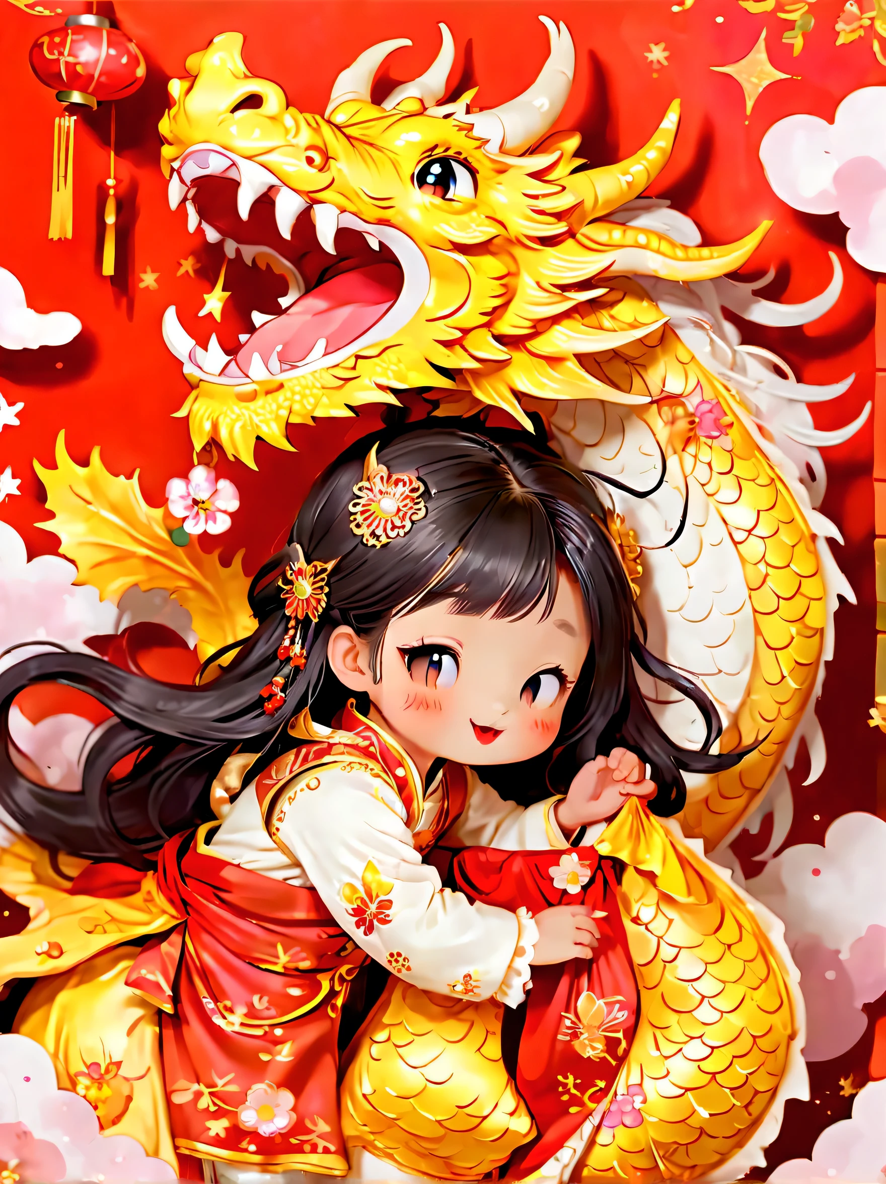 happy and festive scene,Cute and lively five year old ancient Chinese princess hugging furry stuffed toy, little dragon in chinese mythology. Both fell asleep peacefully. Festive decorations enhance the background, Such as lanterns, Colorful banners, and traditional Chinese patterns, Symbolizes festivity and happiness. This scene, Rich in ancient Chinese cultural elements, Capture the feeling of joy and festivals, Make the moments between princess and dragon even more adorable and magical, (floral watercolor painting:1.5), (Ultra-high saturation, The colors are bright and vivid: 1.5), (National Science Foundation), (for the audience: 1.5)