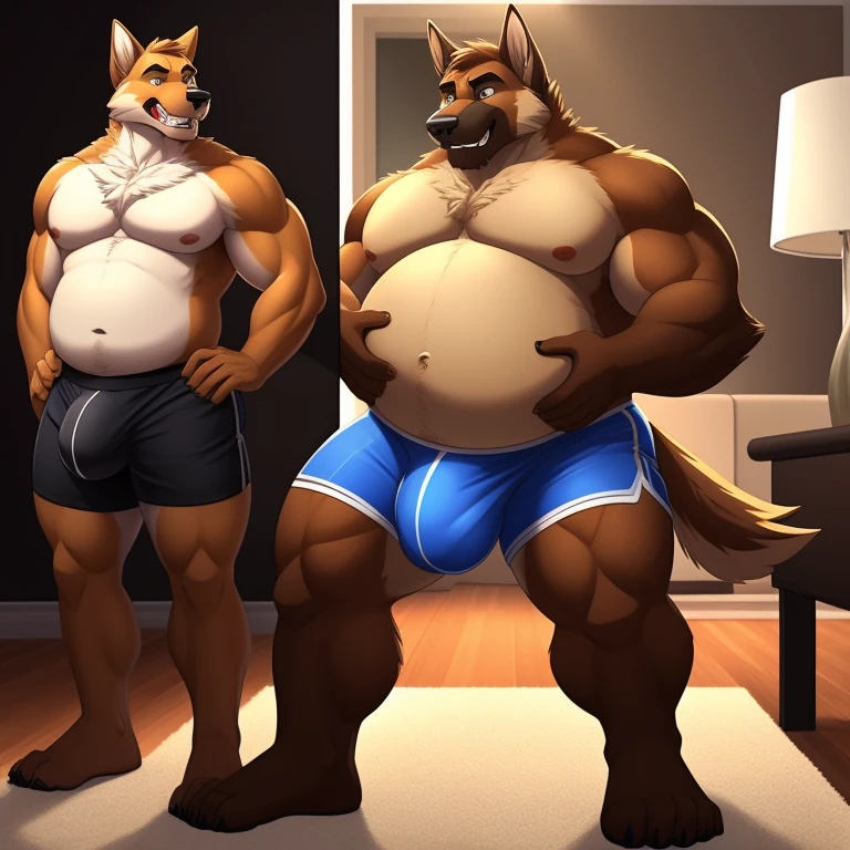 Male, solo, anthro, German Shepard, older male, confused expression, perplexed expression, brown fur, living room, (tight gym shorts), before and after picture, weight gain sequence, transformation, skinny to fat, fit to fat, weight difference, detailed lighting, brown chest tuft, ruffled fur, musclegut, belly, focus on belly, belly grab, weight gain, muscular arms attractive, (detailed bulge, detailed genitals), (bare chest), (detailed genital outline), (tenting (shorts)), (outstretched (shorts)), snout, long snout, teeth, perfect eyes, mature male, father figure, dilf, daddy, fangs, wide waist, broad shoulders, strong thighs, white teeth, detailed hands, massive bulge, bulge, detailed crotch, (detailed bulge outline), dramatic lighting, standing, (detailed erection under clothing (shorts))