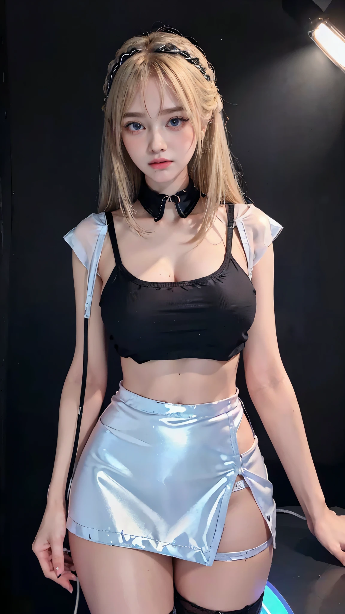 (super detailed eyes), (((Textile shading))), (((best quality))), (((on the table))), (((Super detailed CG))), fashionable girl, (((magic ))), (), (small breasts), Long blonde hair with bangs, Strange hairstyle, ((Gorgeous hair)), pink eyes, (((skeleton style, see school. Hockey mesh short T-shirt, Black irregular hem suspender skirt, Millennium bug))), ((pose)), (((Game CG)) (Gorgeous, fashionable, it girls), Fine jewelry, Full LED background, LED lights flashing on the background, Vintage lights, hip hop atmosphere, Backlight LED, Retro LED lights, Magic disco light LED, Strong atmosphere of the 80s,, cowboy shooting, medium shot, centered image, Keep your eyes on the camera, Look head-on