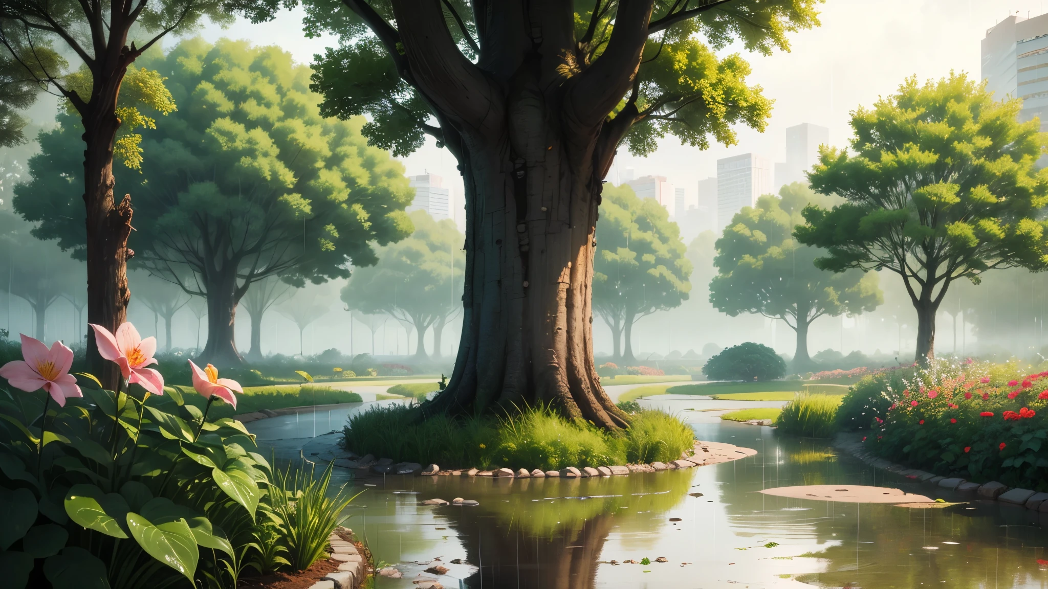 heavy rain in the park with many trees and plants and flowers, wet vegetation from rain