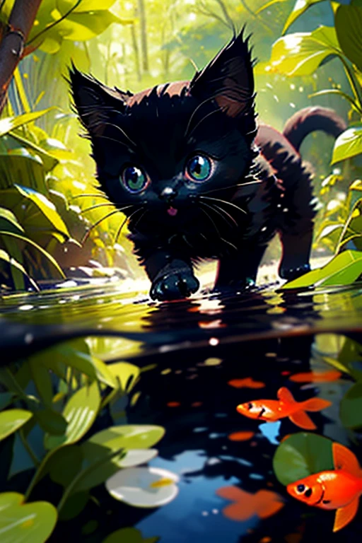 black kitten walks in the forest、kitten's eyes are big、find a pond、put your hand in the pond、goldfish swim in the pond、Flowers are blooming、fantastic scenery、Rich in color、The kitten's face is detailed