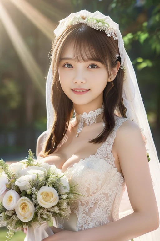 highest quality、masterpiece、High resolution、Angel, 19years old beautiful girl, 1 girl、The climax of happiness、beautiful and fine eyes, beautiful detailed lips, long eyelashes, up style short hair、golden hair, innocent and pure look, delicate features, ((random color wedding dress:1.4)、lace wedding dresses、Gorgeous Wedding Dress), (vivid flowers々surrounded by), rays of light shining on her, heavenly atmosphere, oil painting style, Bright colors, dreamy lighting、smile、(big breasts:2.4、Lift up your sagging breasts、You can see beautiful cleavage、put on a choker、carrying a bright bouquet)、wedding style、church、best bride、Goddess、