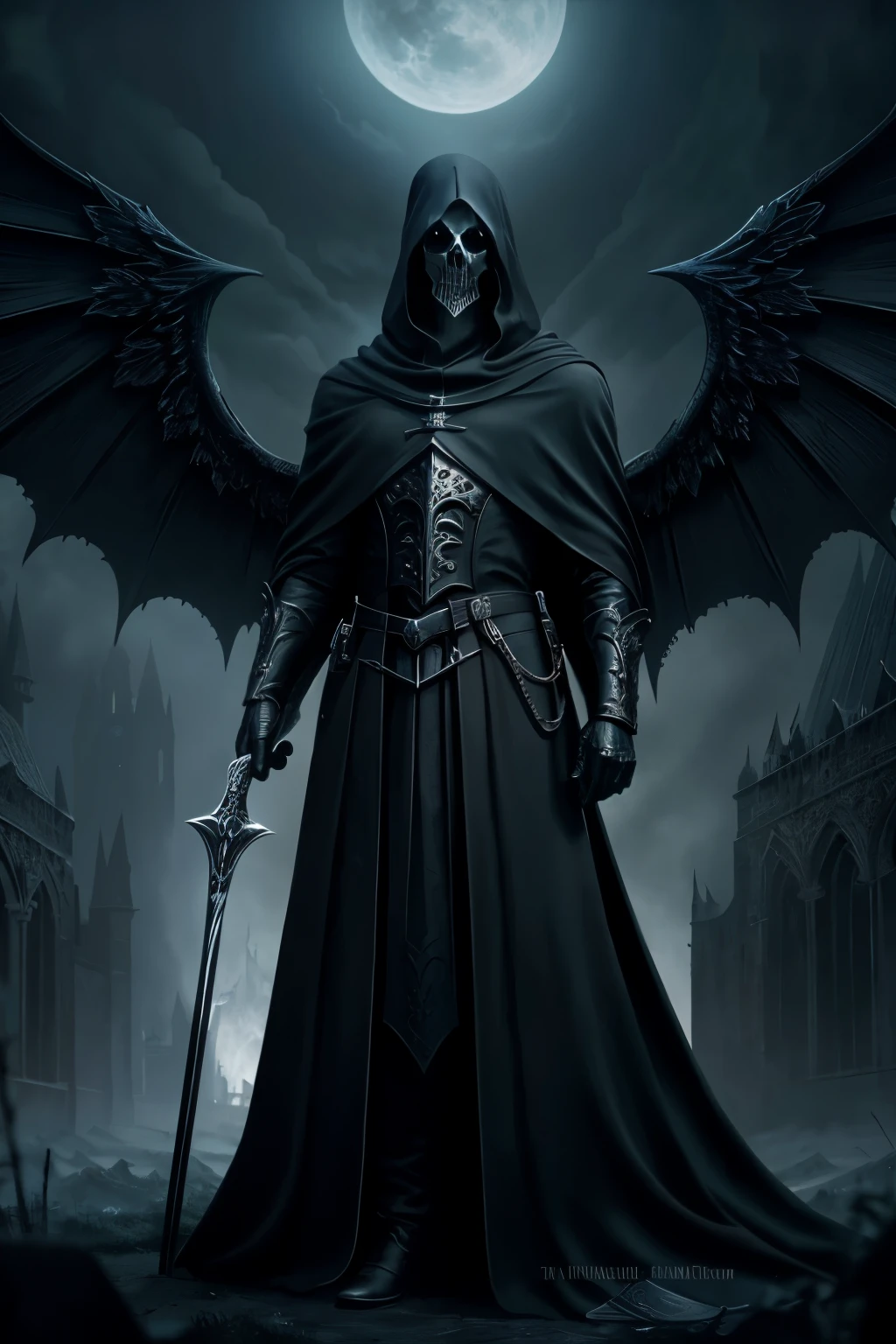 Numerous award-winning masterpieces, meticulously crafted with incredible detail, textures, and maximum resolution (1.4). The hyper-realistic depiction of a stern-faced Grim Reaper, clad in a shroud of darkness, his icy gaze fixed on the viewer, his eyes glowing ominously in the dim light (1.4). His soul-reaping scythe, an intricate balance of sharp edges and flowing curves, radiates a faint, eerie glow (1.5). The medieval world, with its decaying architectural wonders, serves as the backdrop to this aesthetic and decadent image. The grim reaper, with large wings