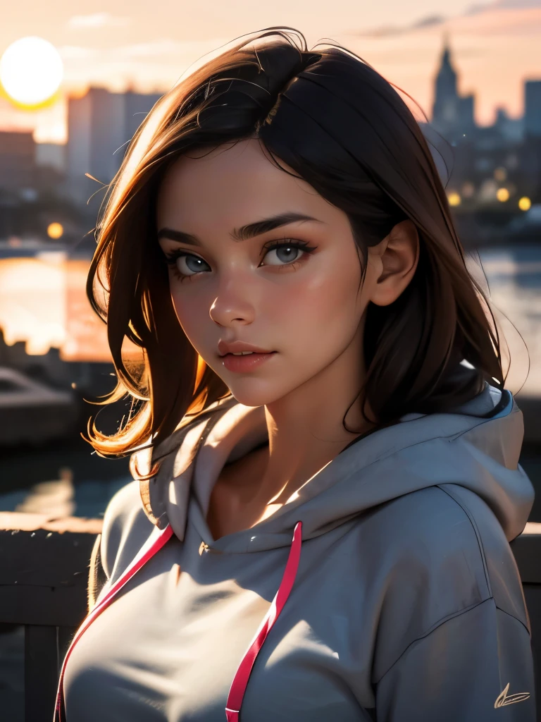 (((HD photo))), ultra high res.photorealistic:. 1.4, UHD, masterpiece, trending on artstation, ((upper body shot)), pretty face, cute girl, most beautiful in the world, soft, delicate, long dark hair, slim body, large breasts, wearing grey hoodie, sunkissed, sunset city background