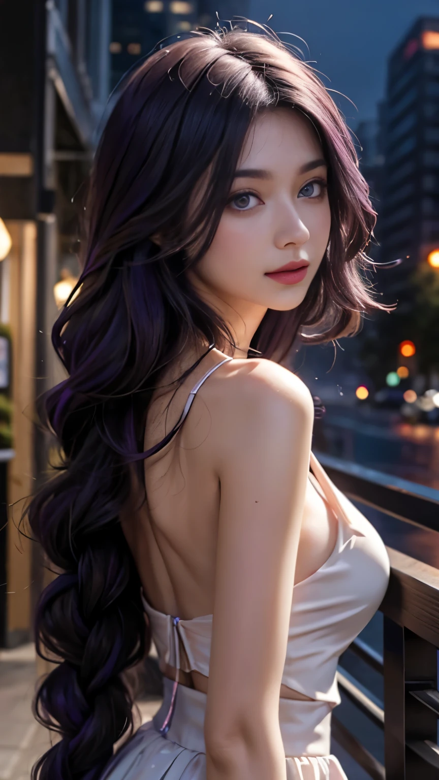 （（best quality，8k，masterpiece：1.3）），focus：1.2，Perfect body beauty：1.4，buttocks：1.2，（（thick braid，clavicle：1.2）），（short skirt：1.1），（rain，city： 1.3），Highly detailed face and skin textures，Fine eyes，double eyelids，White skin，long hair，Purple hair big breasts，purple hair，（Shut up：1.3），cold，long legs，whole body，The optimal ratio of four fingers to one thumb，smiley face，face material：1.3、Sunlight、summer、clavicle、beautiful eyes、Real face、real skin、Real face、real skin、detailed purple eyes、Detailed facial features、Detailed Clothing Features、Detailed face、Chest contour、tight、POS random、Upper body wrapped in silk：1.4