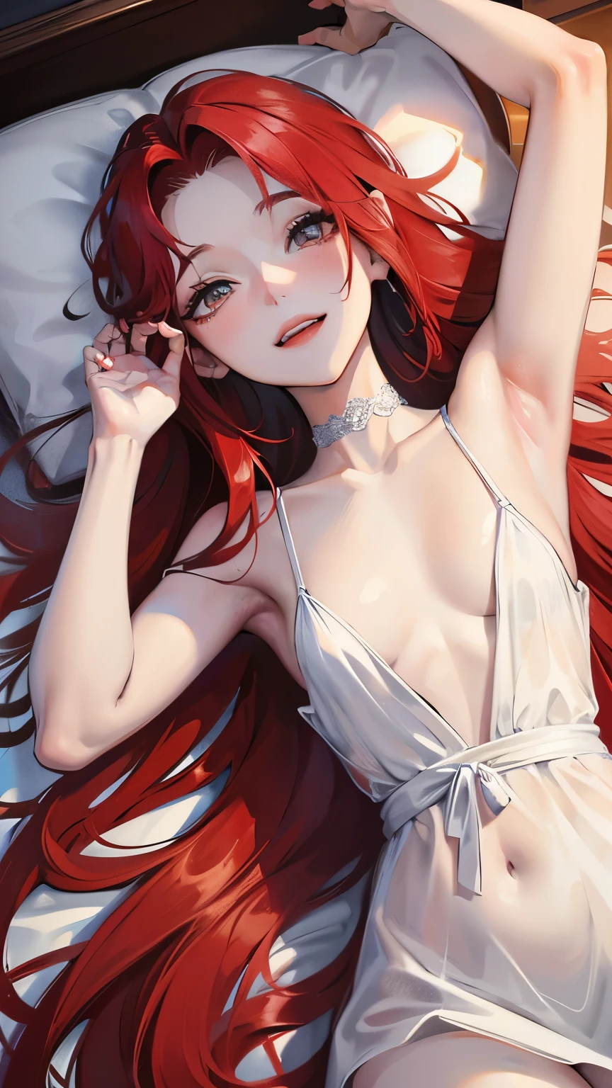 Red long hair, sunshine, masterpiece work, best quality, high resolution;,detail enhancement,best quality,perfect image quality,Beautiful and sexy, One-person viewpoint, small spots under the eyes , pretty, 큰 chest, 8K, ,chest 크게, pure white skin, chest, a lovely smile, Beloved, excitement, beautiful, gray eyes, My heart is pounding, Girlfriend, red hair, from the front, glamour, tempting, shy, innocent, lying in bed, rose petals, white blanket, fancy