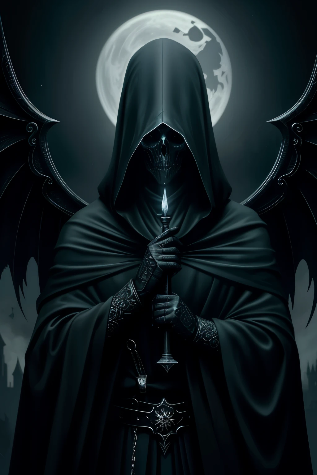 Numerous award-winning masterpieces, meticulously crafted with incredible detail, textures, and maximum resolution (1.4). The hyper-realistic depiction of a stern-faced Grim Reaper, clad in a shroud of darkness, his icy gaze fixed on the viewer, his eyes glowing ominously in the dim light (1.4). His soul-reaping scythe, an intricate balance of sharp edges and flowing curves, radiates a faint, eerie glow (1.5). The medieval world, with its decaying architectural wonders, serves as the backdrop to this aesthetic and decadent image. The grim reaper, with large wings