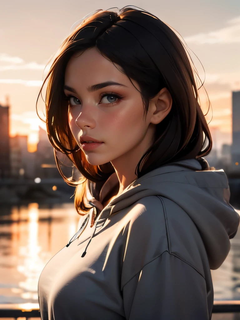 (((HD photo))), ultra high res.photorealistic:. 1.4, UHD, masterpiece, trending on artstation, upper body shot, close up shot of her face and cleavage, pretty, cute girl, most beautiful in the world, soft, delicate, long dark hair, slim body, large breasts, nsfw, wearing grey hoodie, sunkissed, sunset city background