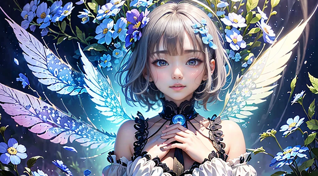 (masterpiece、highest quality、highest quality、official art、aesthetics:1.2)、(1 girl:1.3)、(fractal art:1.3)、detailed eyes、gray hair、short hair、Spread your wings with both hands、embrace your heart、forget-me-not blue light、A guide to endless flowers blooming、side light、A sloppy smile