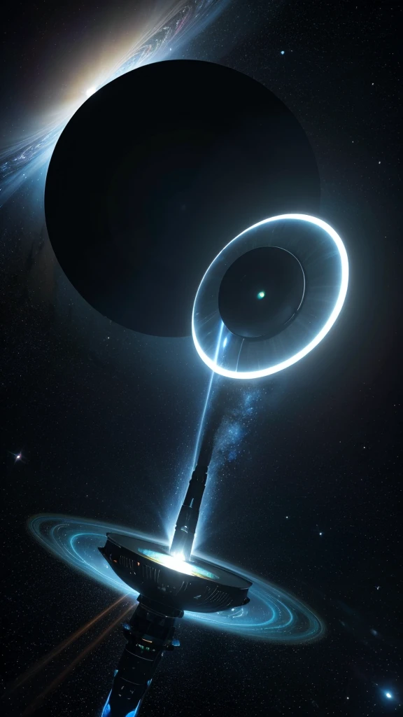 View of satellite with halo in sky, space portal, Fighting UFOs with lasers, interstellar infinity portal, majestic interstellar portal, Black hole event horizon, A gateway to outer space, of a ufo propulsion system, Nuclear blast from space, shot from space, it is flying through space, giant interstellar portal