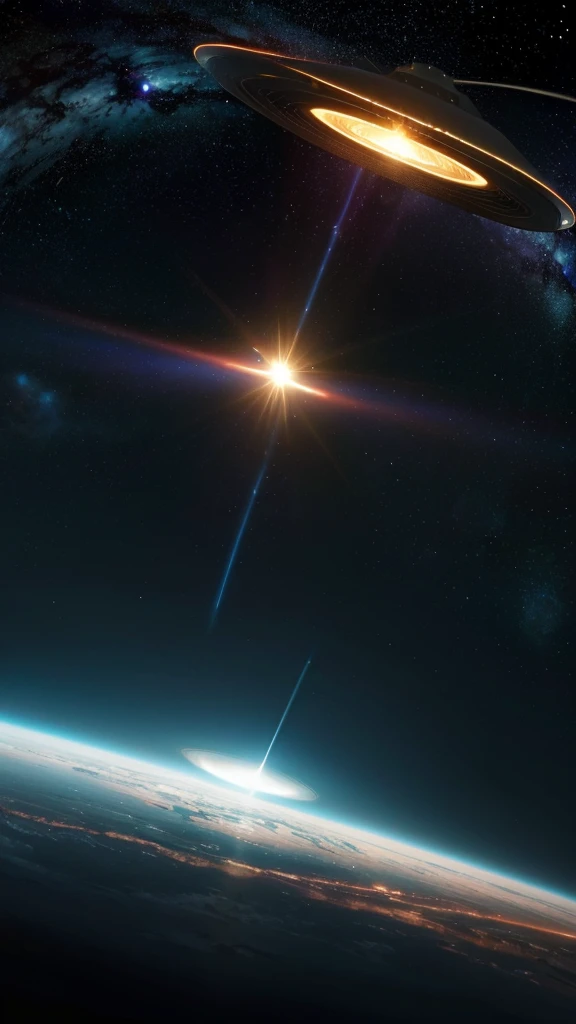 View of satellite with halo in sky, space portal, Fighting UFOs with lasers, interstellar infinity portal, majestic interstellar portal, Black hole event horizon, A gateway to outer space, of a ufo propulsion system, Nuclear blast from space, shot from space, it is flying through space, giant interstellar portal
