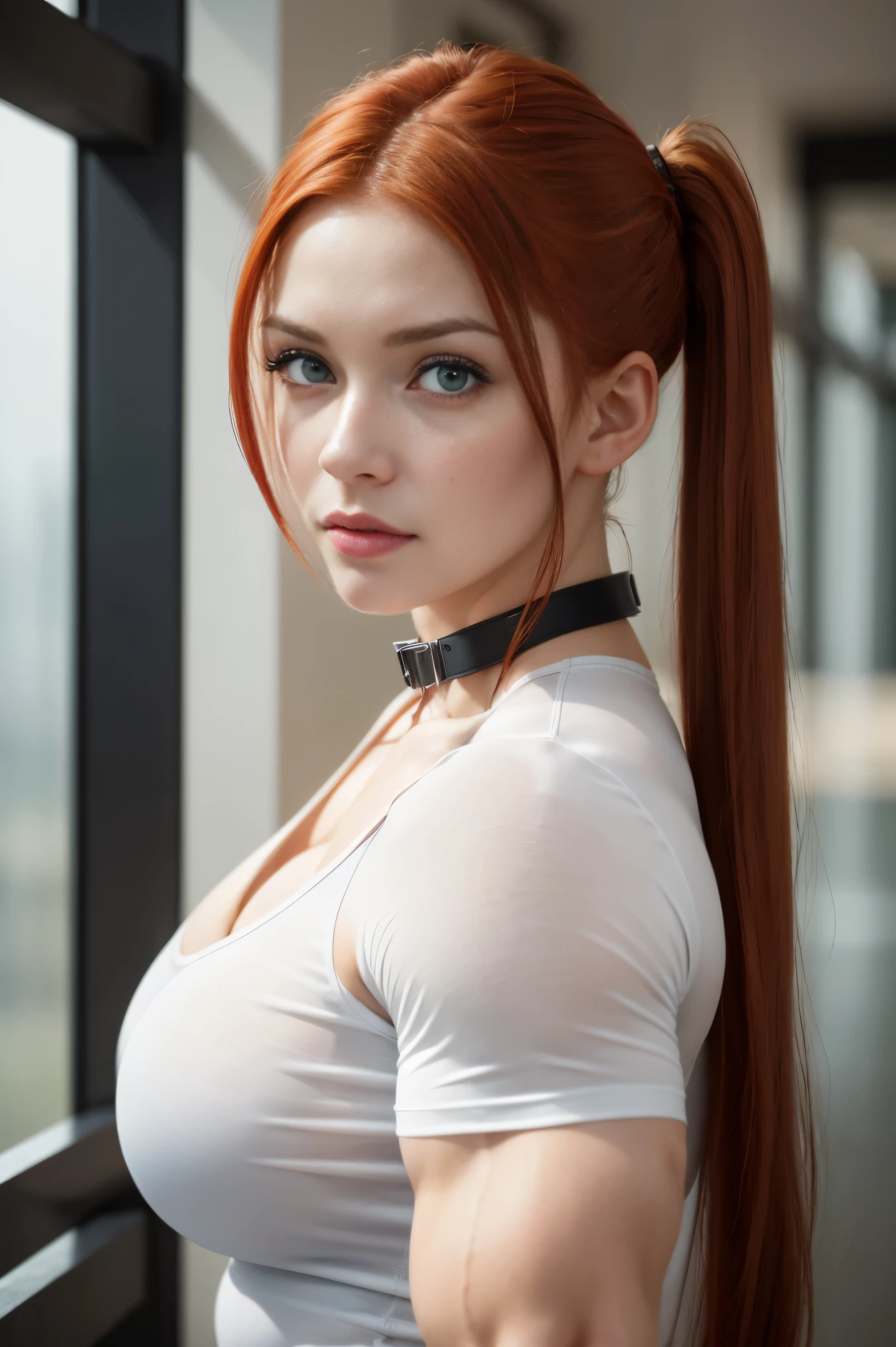 best quality, ultra high res, photoshoot, (photorealistic:1.4), 1girl, caucasian, bodybuilder girl, big breasts, big , muscle girl,
there is a woman in a tight white shirt flexing and posing in the gym, a portrait inspired by Louisa Matthíasdóttir, tumblr, renaissance, amouranth, anna nikonova aka newmilky, with red hair and green eyes, red and green,(light brown hair:1), looking at viewer, cute, detailed eyes, detailed face, angry smile, collar, cruel look, looks dangerous, pigtails hair style, realistic
