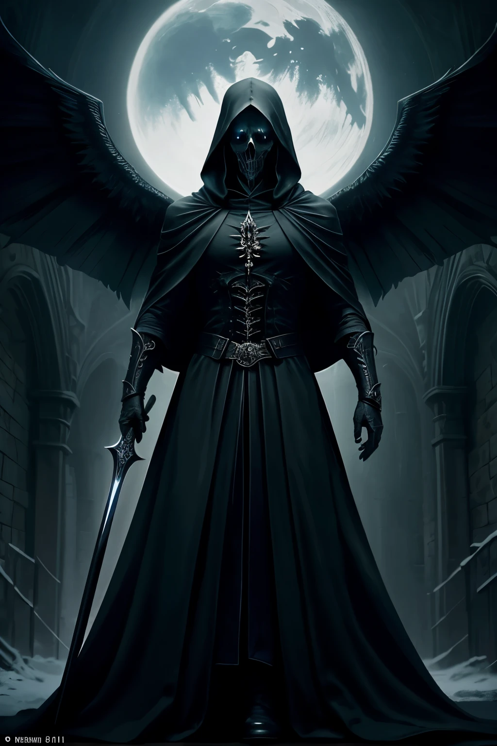 Numerous award-winning masterpieces, meticulously crafted with incredible detail, textures, and maximum resolution (1.4). The hyper-realistic depiction of a stern-faced Grim Reaper, clad in a shroud of darkness, his icy gaze fixed on the viewer, his eyes glowing ominously in the dim light (1.4). His soul-reaping scythe, an intricate balance of sharp edges and flowing curves, radiates a faint, eerie glow (1.5). The medieval world, with its decaying architectural wonders, serves as the backdrop to this aesthetic and decadent image. The grim reaper, with large wings
