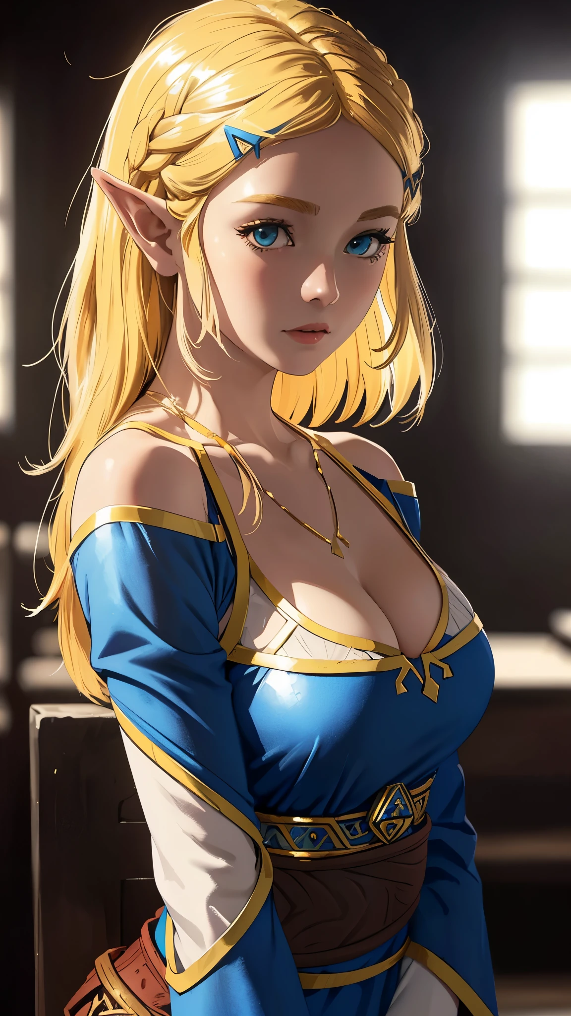 The Legend of Zelda Costume，cleavage，Off the shoulder dress，blond，Upper body close-up
(best quality, masterpiece, original photo,Super detailed:1.2), 1 girl,alone,looking at the audience,  