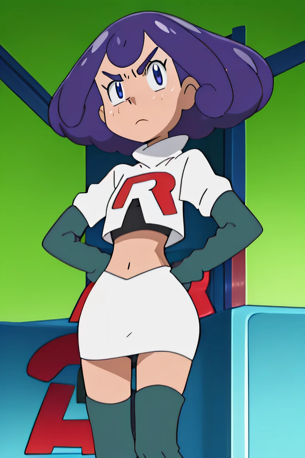 team rocket uniform, red letter r, white skirt,white crop top,black thigh-high boots, black elbow gloves, glaring angrily, looking at viewer, hands on hips, full body seen