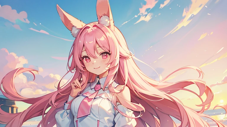 beautiful illustrations, highest quality, pretty girl, pastel colour, fluffy rabbit ears, , pink long hair, rabbit stuffed, bright lighting, pale pink eyes,refreshing morning sky,smile,white clothes
